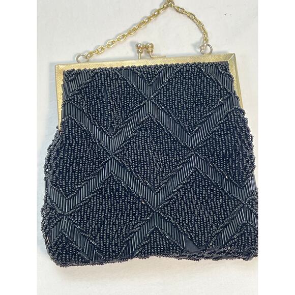 Vintage Beaded Purse Black Geometric Chain Strap Hand Made Hong Kong - Picture 4 of 9